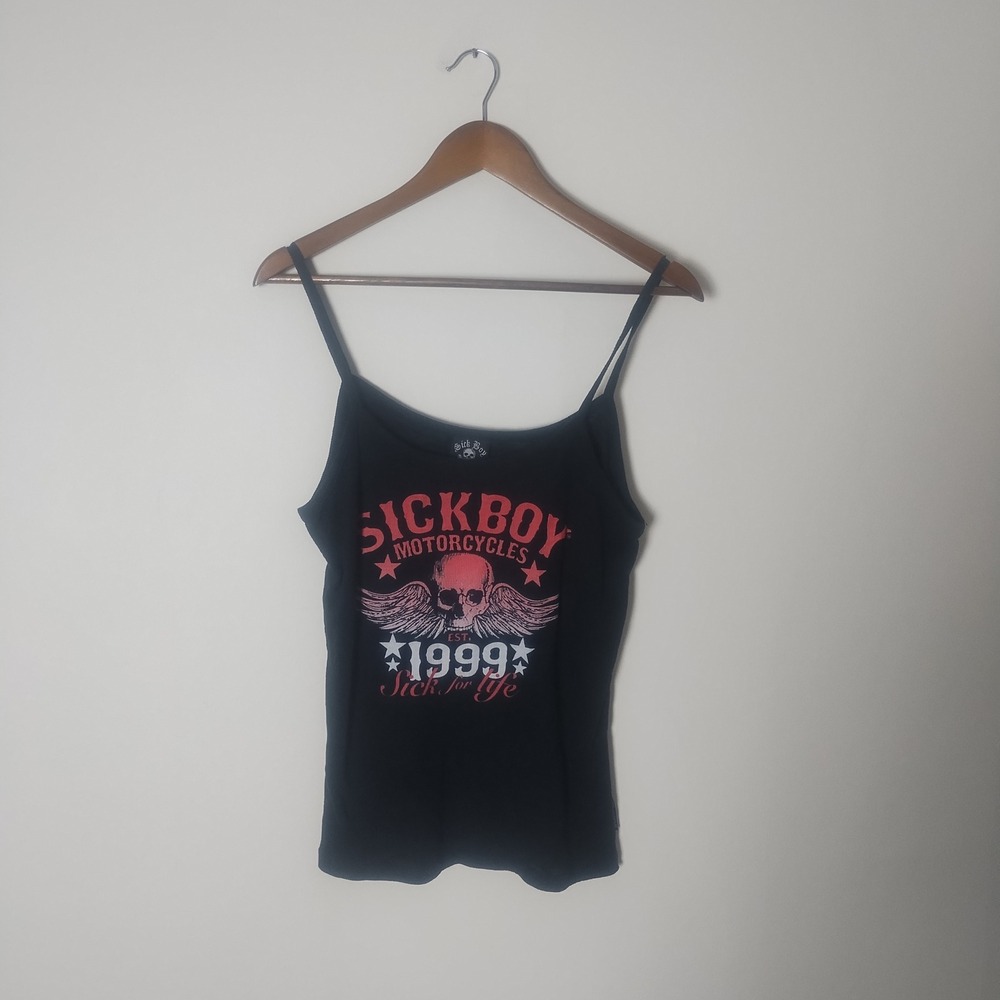 Sick Boy Motorcycles Graphic Cami Tank Top Womens XL Black Skull Biker Grunge